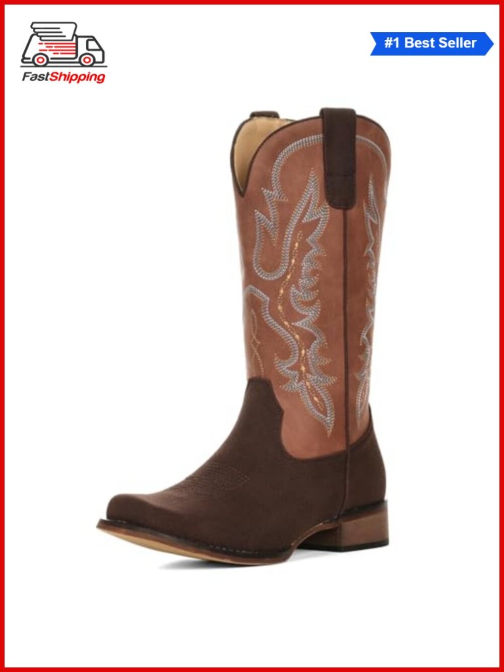 Square Toe Mid Calf Cowboy Boots Faux Suede Chunky Heel Pull On Womens